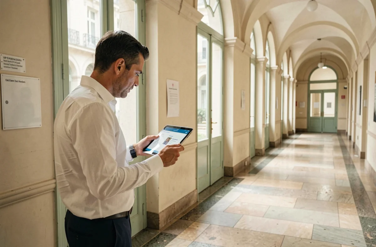 Employé municipal parisien consultant IntraParis sur une tablette dans le couloir d'un bâtiment administratif de la Ville de Paris