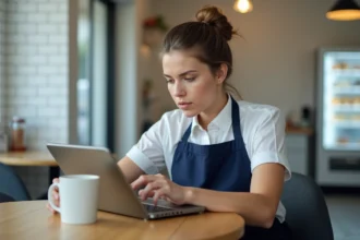 Employée de boulangerie Marie Blachère suivant un module de formation en ligne sur une tablette dans la salle de pause