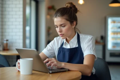 Employée de boulangerie Marie Blachère suivant un module de formation en ligne sur une tablette dans la salle de pause
