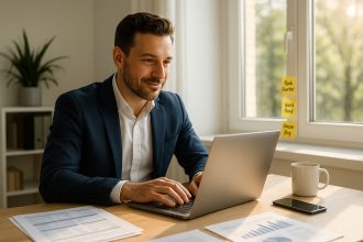Photo d'un entrepreneur confiant travaillant sur un ordinateur dans un bureau lumineux