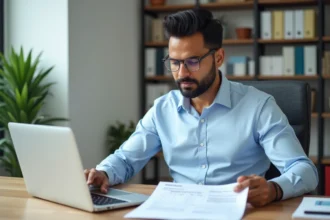 Entrepreneur indien consultant des documents d'enregistrement d'entreprise au bureau, comparant les démarches Udyam et Memorandum