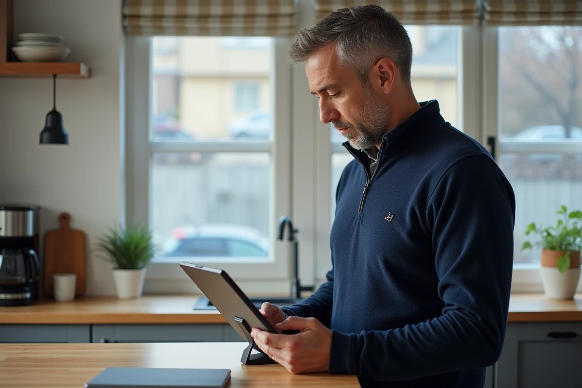 Entrepreneur indépendant répondant à des clients via chat sur tablette depuis son domicile
