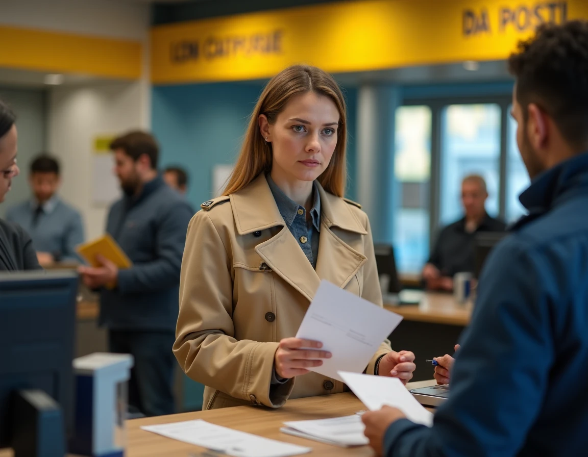 Femme envoyant un courrier recommandé à l'URSSAF dans un bureau de poste pour une dénonciation anonyme