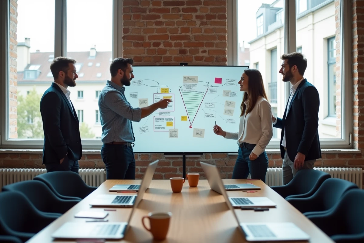 Équipe d'une agence digitale à Lyon travaillant ensemble sur une stratégie de génération de prospects qualifiés et de marketing digital
