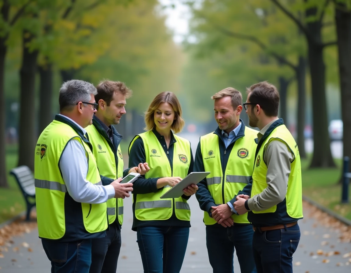 Équipe d'agents municipaux en gilets de sécurité personnalisés identiques lors d'une intervention en parc public