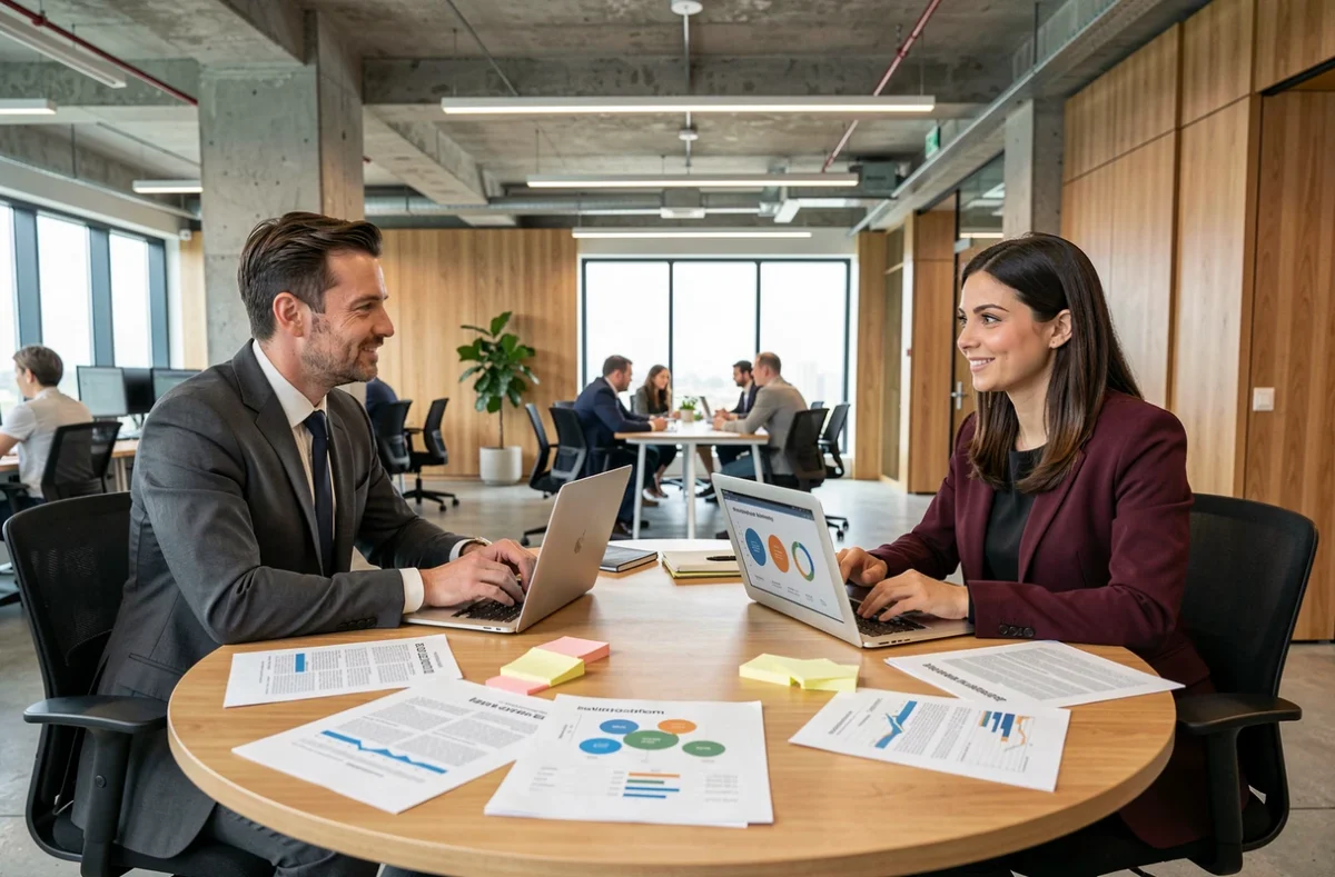 Deux professionnels analysant des rapports de priorisation d'investissements basés sur la matrice McKinsey autour d'une table de réunion