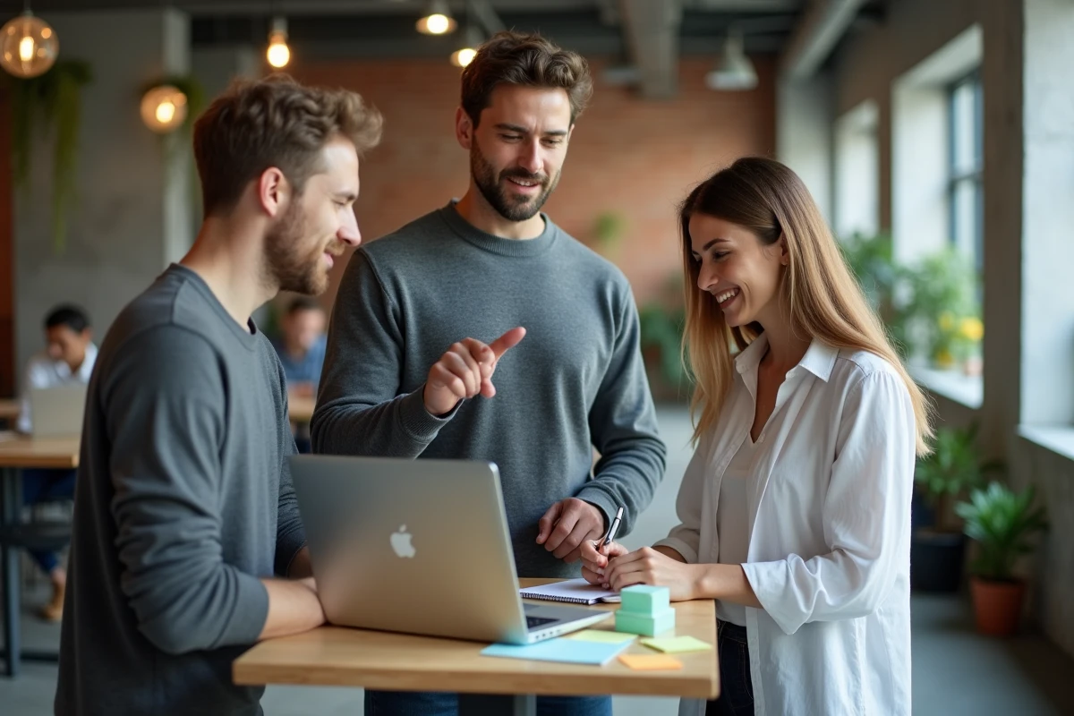 Équipe associative en discussion debout dans un espace de coworking pour planifier la modification des statuts de leur association