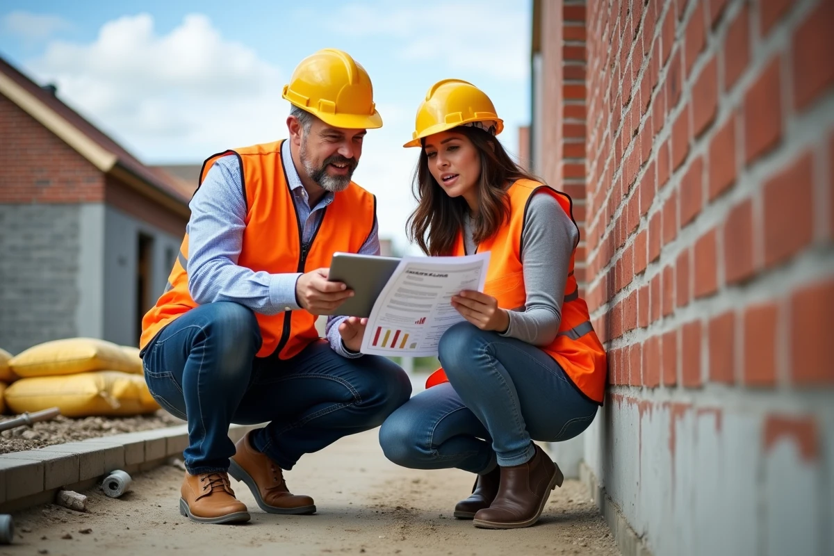 Deux professionnels BTP comparant un budget papier et un tableau de bord numérique de suivi de chantier