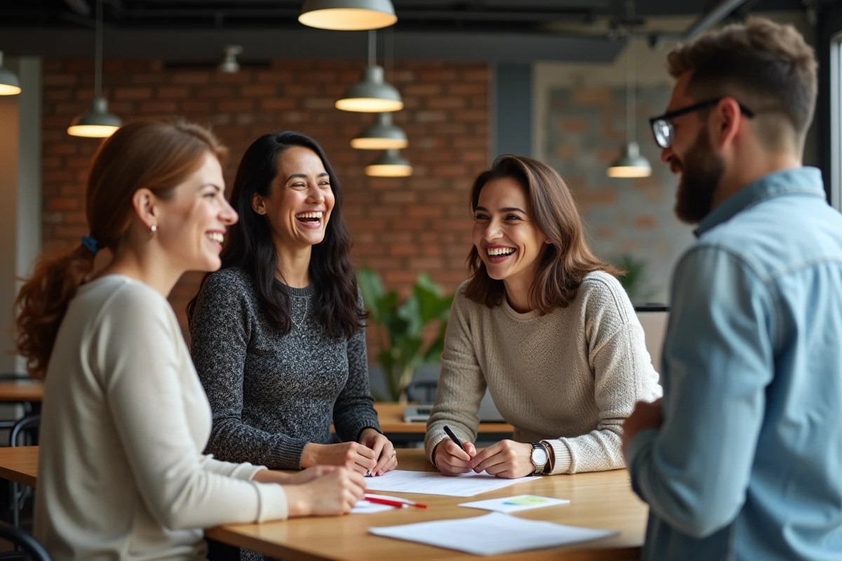 Une équipe multiculturelle partage un moment de cohésion et de confiance mutuelle, illustrant l'impact du leadership émotionnel en entreprise