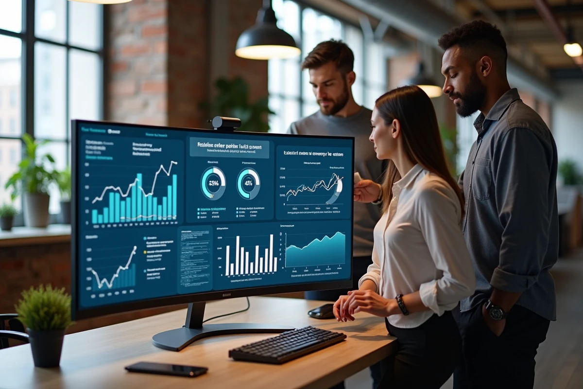 Équipe pluridisciplinaire collaborant sur des outils digitaux pour optimiser les processus industriels et commerciaux