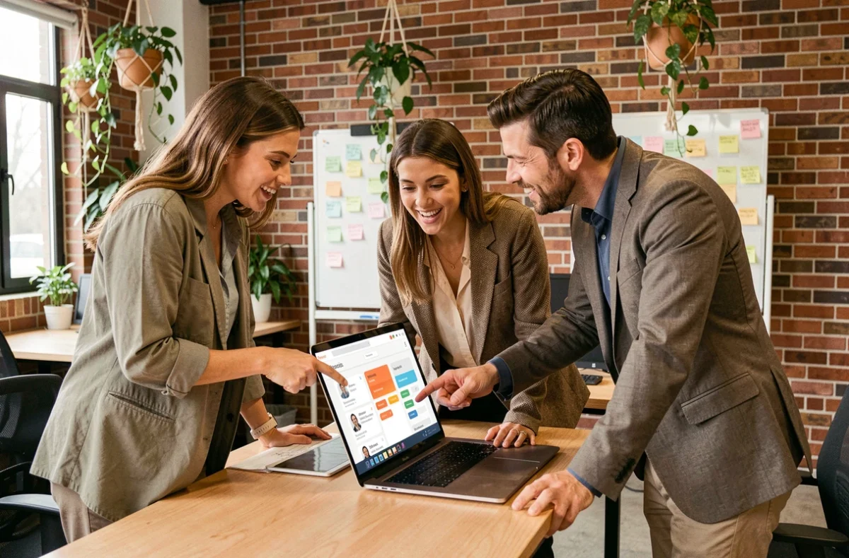 Équipe collaborative discutant du partage de carte d'accès JKV sur un ordinateur portable en espace coworking