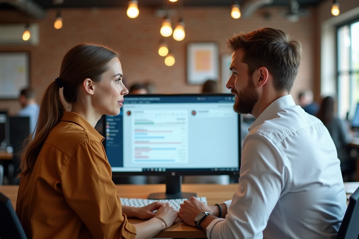 Deux collaborateurs d'une PME consultant ensemble un tableau de bord de support par chat en direct dans un espace de coworking