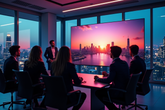 Professionnels de la publicité discutant autour d'un grand écran lumineux
