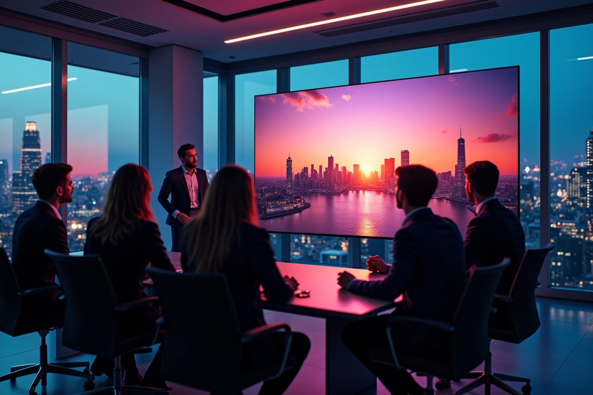 Professionnels de la publicité discutant autour d'un grand écran lumineux