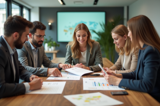Groupe de professionnels en réunion sur la durabilite