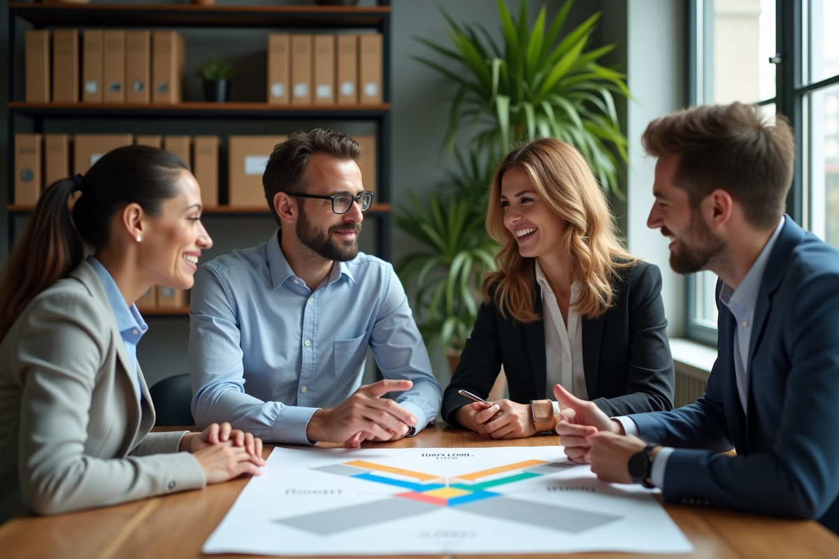 Groupe de professionnels analysant un SWOT en réunion
