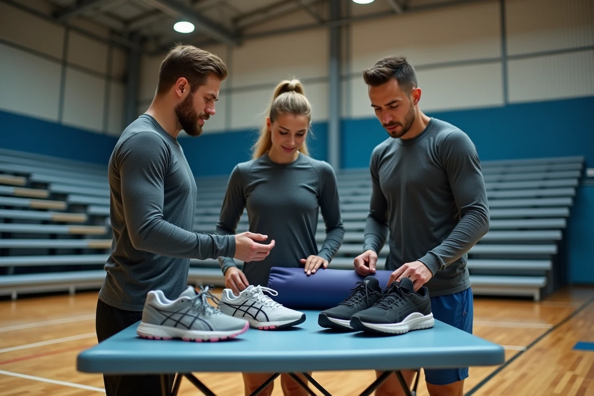 Trois salariés Dassault examinant des équipements sportifs subventionnés par le CSE dans une salle polyvalente