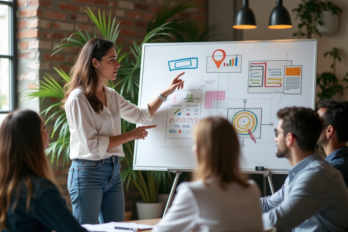 Jeune femme expliquant un projet à une équipe dans un espace créatif