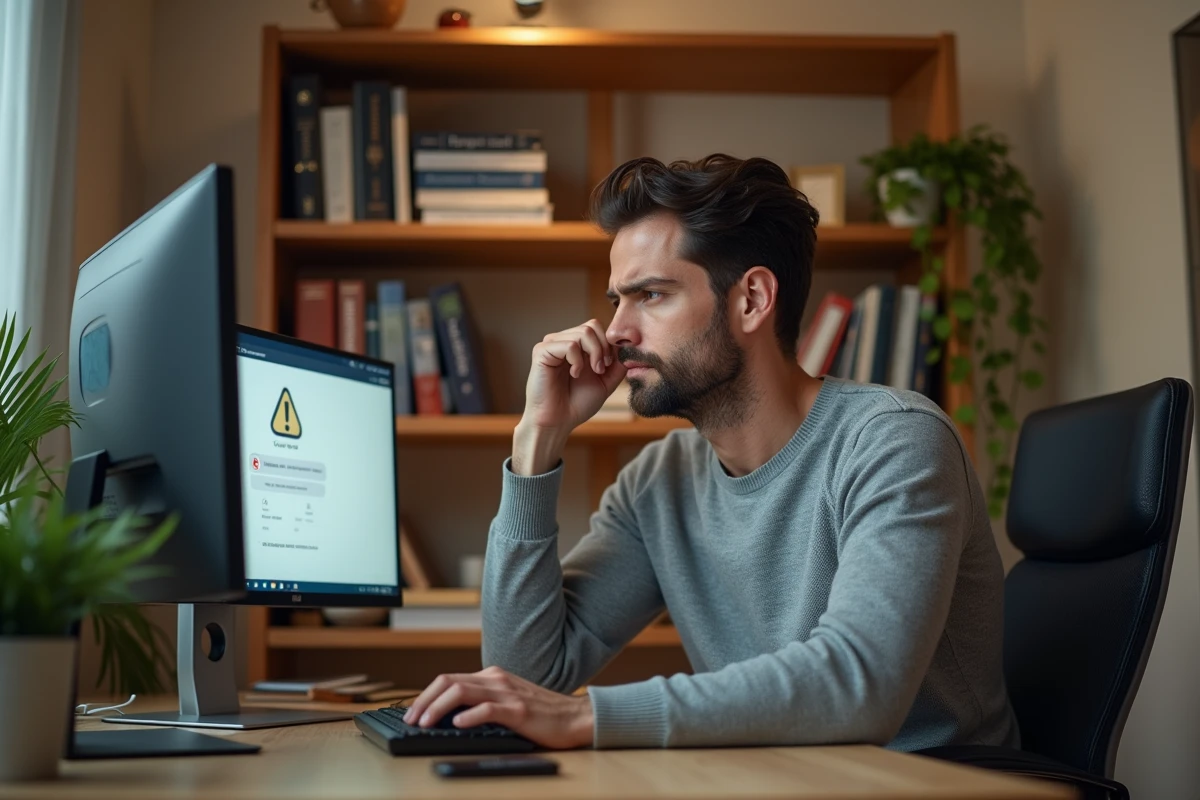 Homme face à un message d'erreur lors de la connexion à hrforyou depuis son bureau à domicile