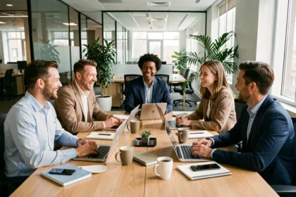 Équipe de professionnels souriants réunis autour d'une table de réunion moderne, illustrant l'esprit d'équipe en entreprise