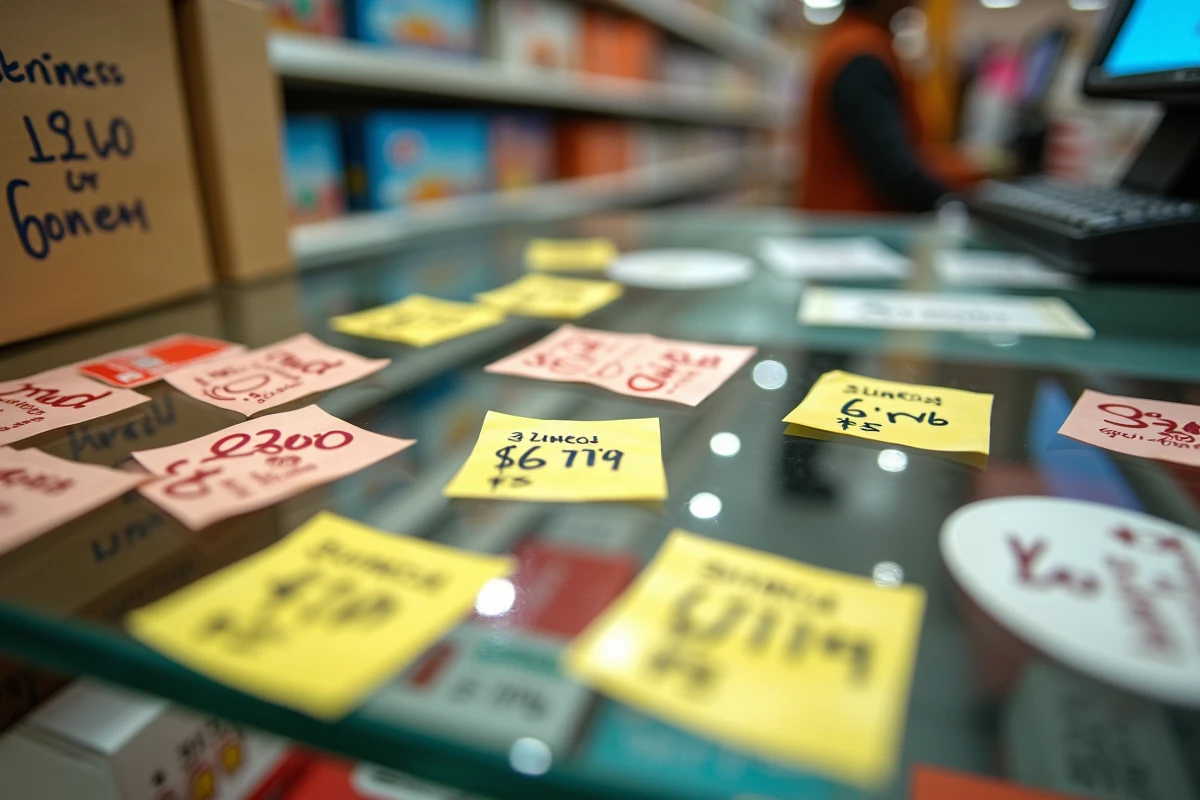 Étiquettes de prix soldés et autocollants de liquidation sur un comptoir de magasin en fermeture