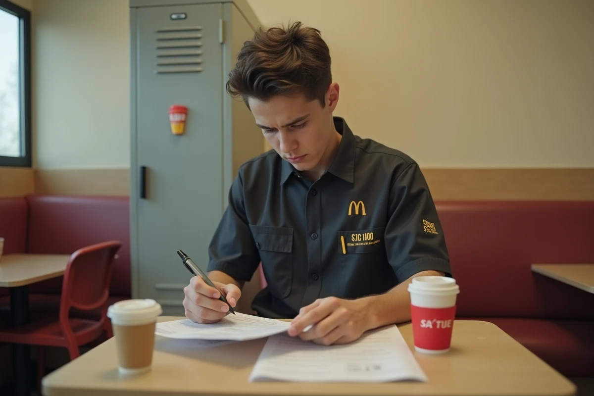 Étudiant employé chez McDonald's analysant sa fiche de paie dans la salle de pause