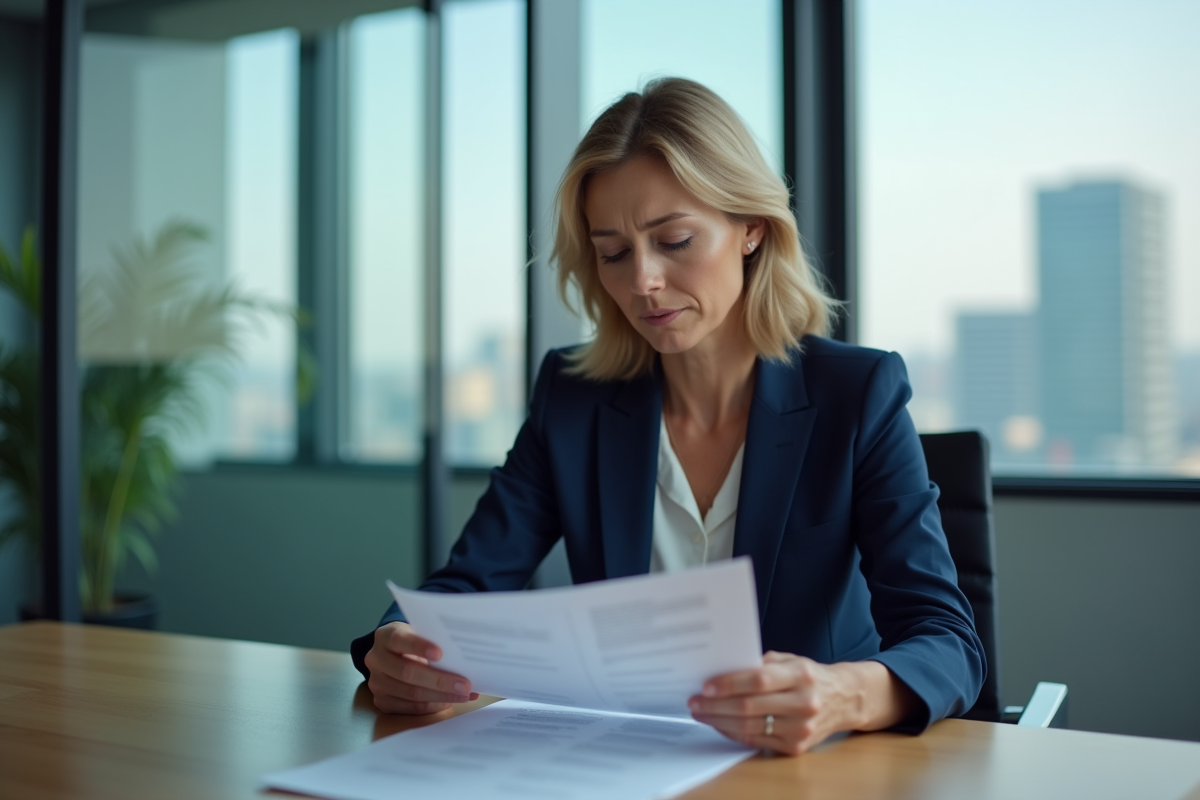 Femme d affaires en costume bleu lisant un document au bureau