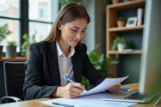 Femme d'affaires en réunion de travail dans un bureau moderne