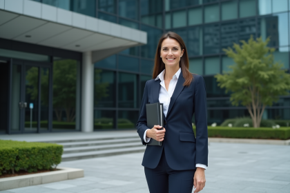Femme d affaires en costume navy devant un bâtiment moderne