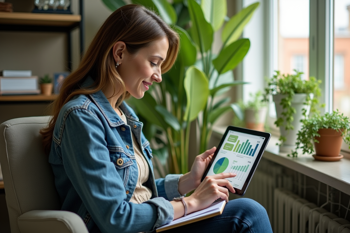 Femme analysant un tableau de bord écologique au bureau