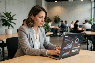 Femme analyste marketing étudiant des données de ciblage publicitaire sur un ordinateur portable dans un bureau moderne