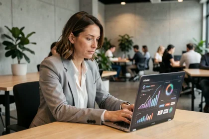 Femme analyste marketing étudiant des données de ciblage publicitaire sur un ordinateur portable dans un bureau moderne
