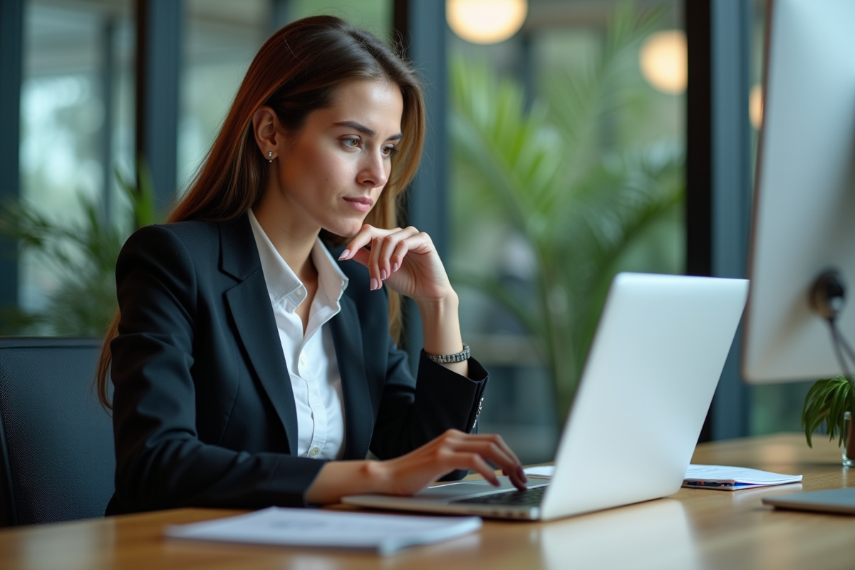 Jeune femme en bureau analysant ses réseaux sociaux