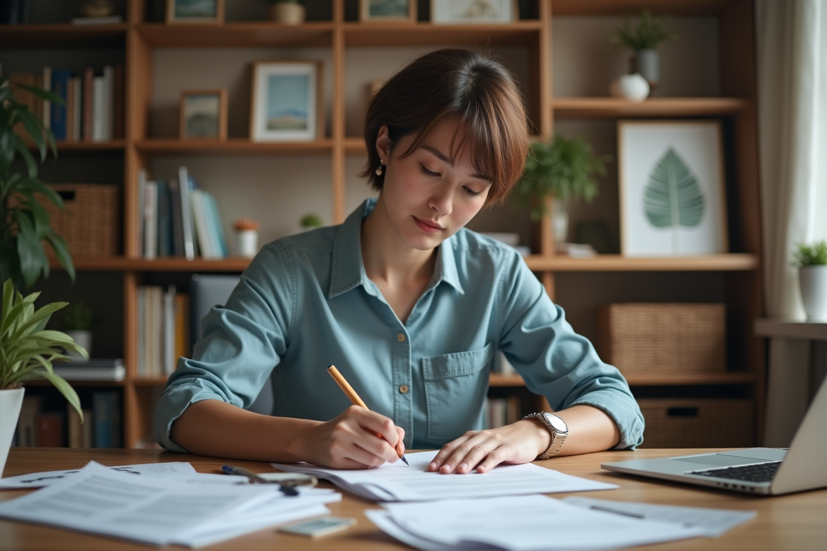 Femme concentrée remplissant un formulaire dans son bureau