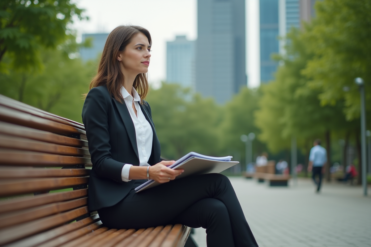 Femme assise sur un banc dans un parc urbain contemplant le paysage