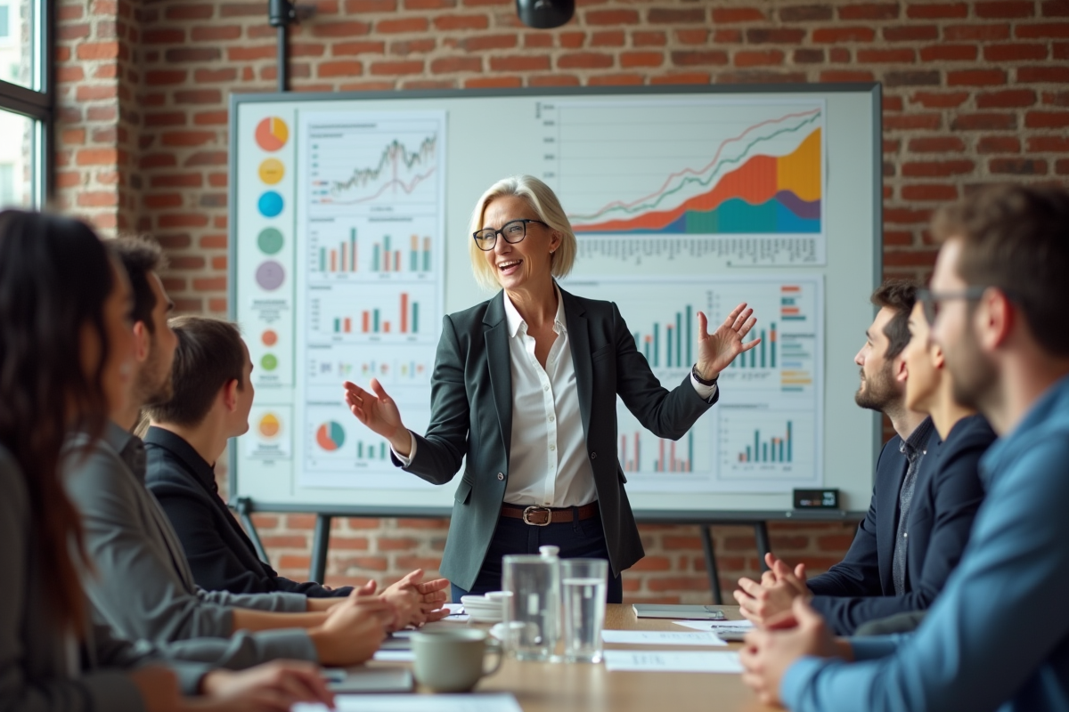 Femme confiante menant une séance de brainstorming financière