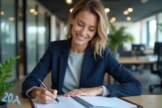 Femme professionnelle consultant un agenda 2026 à son bureau dans un open space moderne