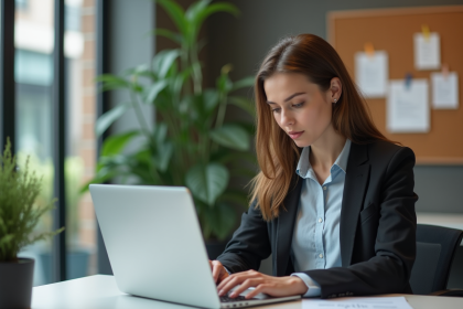 Femme au bureau travaillant sur un ordinateur portable