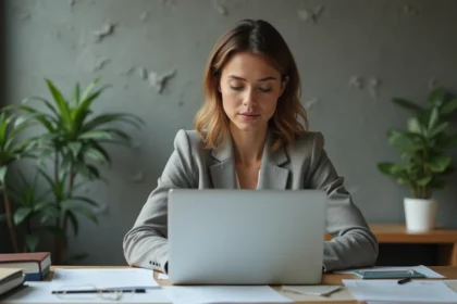 Femme en bureau moderne utilisant son ordinateur portable