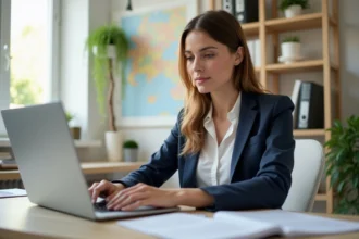 Femme en bureau moderne travaillant sur un formulaire de job en Italie