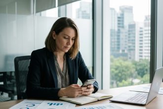 Femme daffaires concentrée sur son smartphone dans un bureau moderne