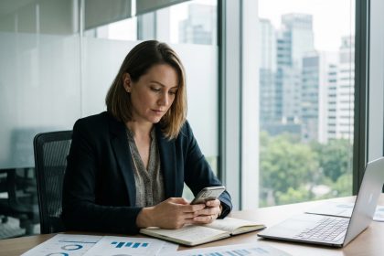 Femme daffaires concentrée sur son smartphone dans un bureau moderne