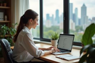 Femme au bureau moderne avec vue sur la ville