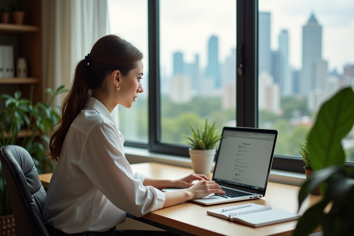 Femme au bureau moderne avec vue sur la ville