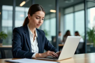 Femme cadre travaillant sur un ordinateur portable dans un open space moderne, illustrant le secteur tertiaire et les métiers de services