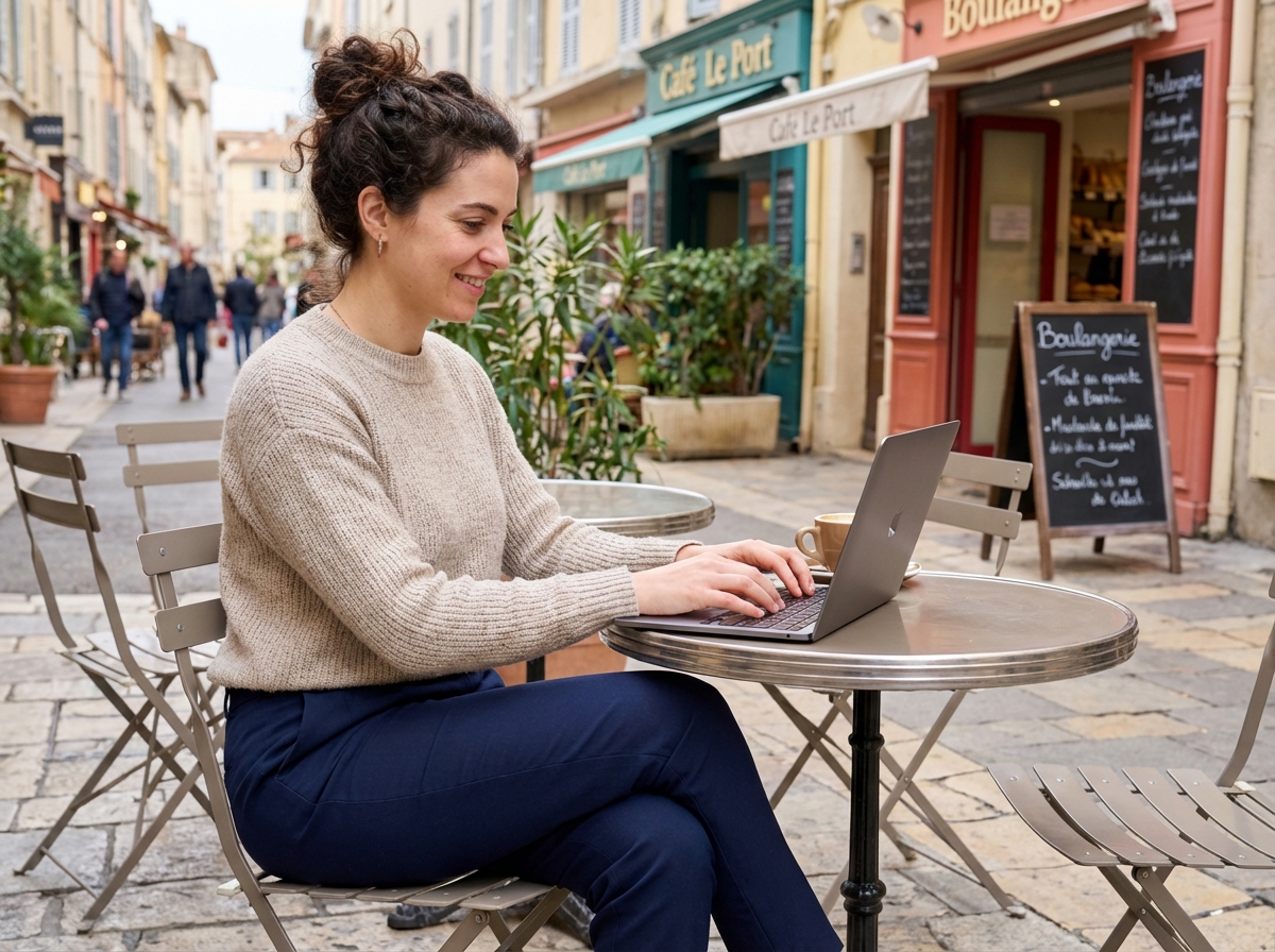 Femme souriante au café à Toulon avec son ordinateur portable