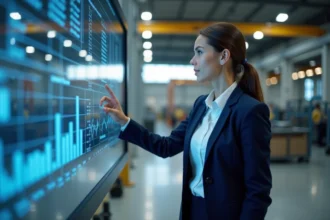 Professionnelle du commerce connecté utilisant une interface digitale dans un environnement industriel moderne