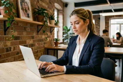 Femme professionnelle travaillant dans un espace de coworking moderne à Clermont-Ferrand, assise à un bureau en bois partagé avec un ordinateur portable