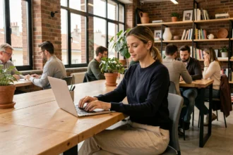 Femme travaillant dans un espace de coworking moderne à Toulouse avec murs en briques et grandes fenêtres industrielles