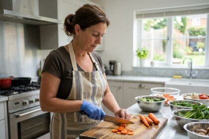 Femme en cuisine coupant des carottes fraîches